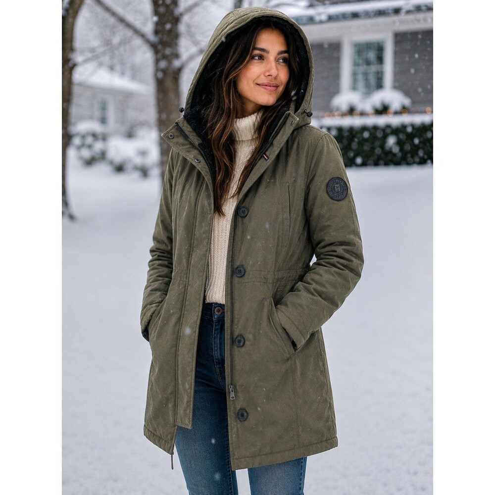 Tommy Hilfiger Women Olive Green Sherpa Lined Hooded Parka Jacket Size XL Preppy